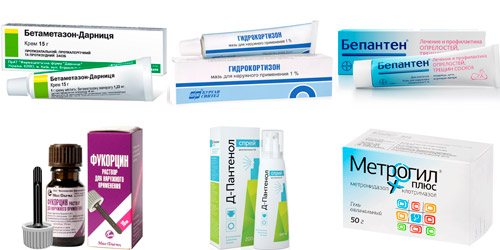 external preparations: Betamethasone, Hydrocortisone, Bepanten, Fukortsin, D-Panthenol, Metrogyl